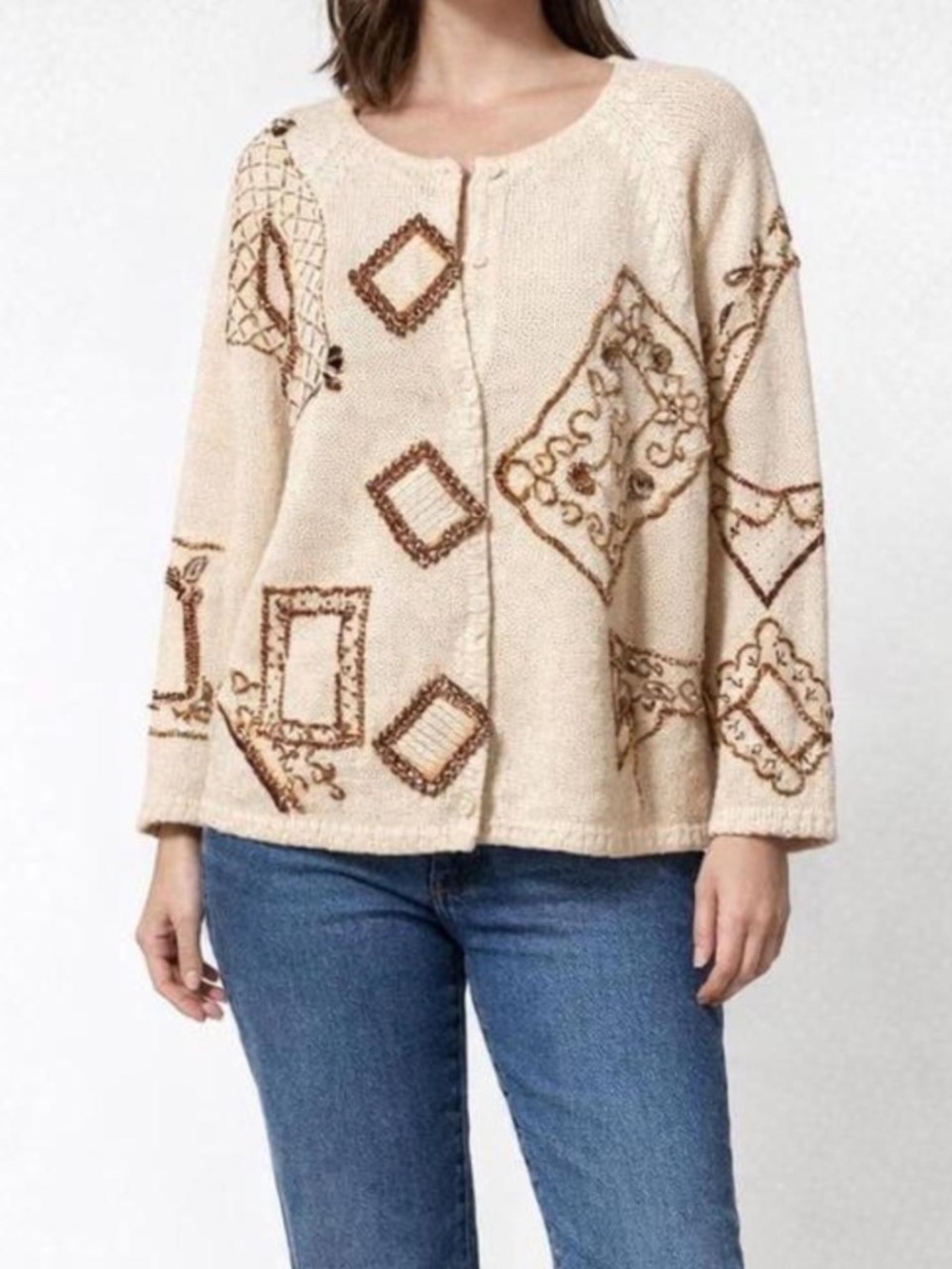 Vintage 80's Gold Beaded Cream Cardigan Sweater Size 2X